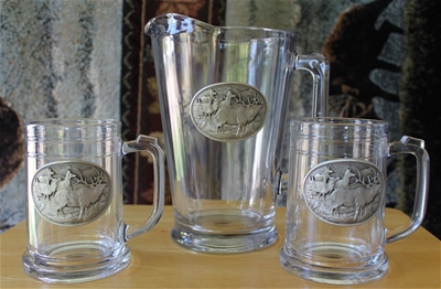 Beer Pitcher & 2 Beer Mugs w/ Pewter Elk Medallion on each